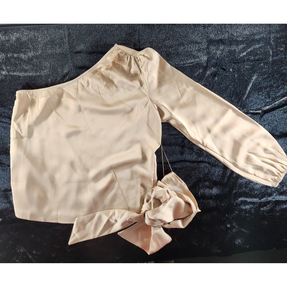 Steps NY One Shoulder Silk Top with Tie belt-Tan - SZ LG